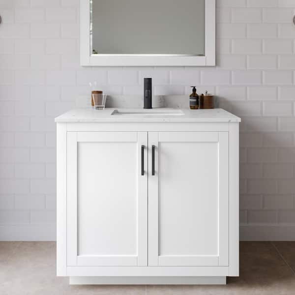 Wyndham Collection Miranda 36 in. W Single Bath Vanity in White with Cultured Marble Vanity Top in LV Carrara with White Basin and Mirror