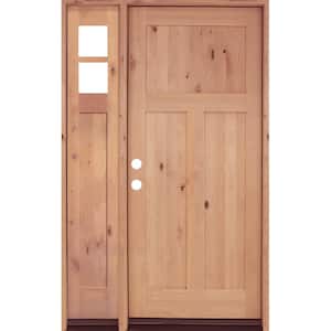 50 in. x 80 in. Knotty Alder 3 Panel Right-Hand/Inswing Clear Glass Unfinished Wood Prehung Front Door w/Left Sidelite