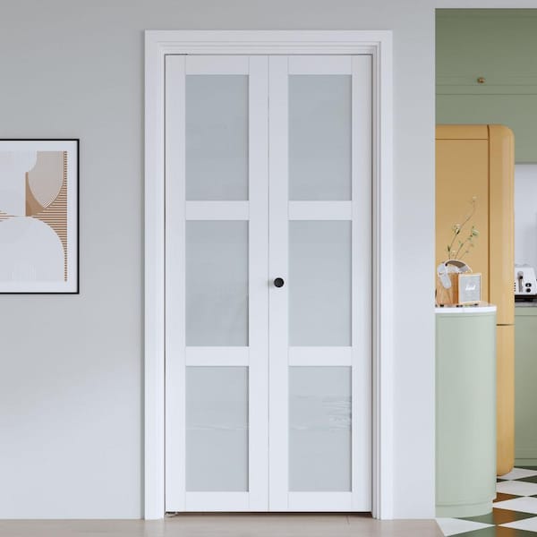 easelife 36 in. x 80 in. 3 Lite Frosted Glass White Finished Solid MDF Bi-Fold Door with Hardware Kit