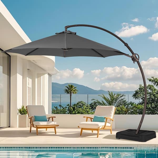 JEAREY 10 ft. L Outdoor Aluminum Curvy Cantilever Offset Hanging Patio Umbrella with Sandbag Base and Cover in Gray