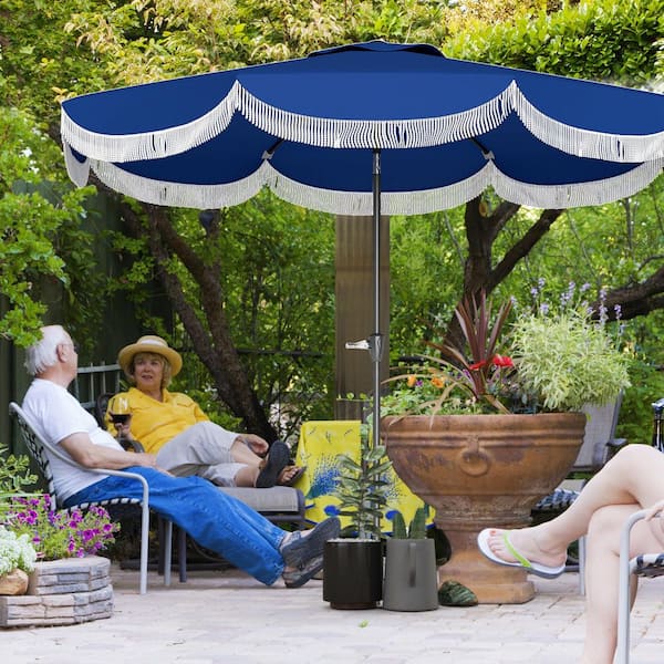 9 foot blue patio umbrella Outsunny 9FT Patio Umbrella, UPF 30+ Outdoor Market Umbrella, Vented Patio Table Umbrella with Crank, 8 Ribs, Push Button Tilt, Navy Blue