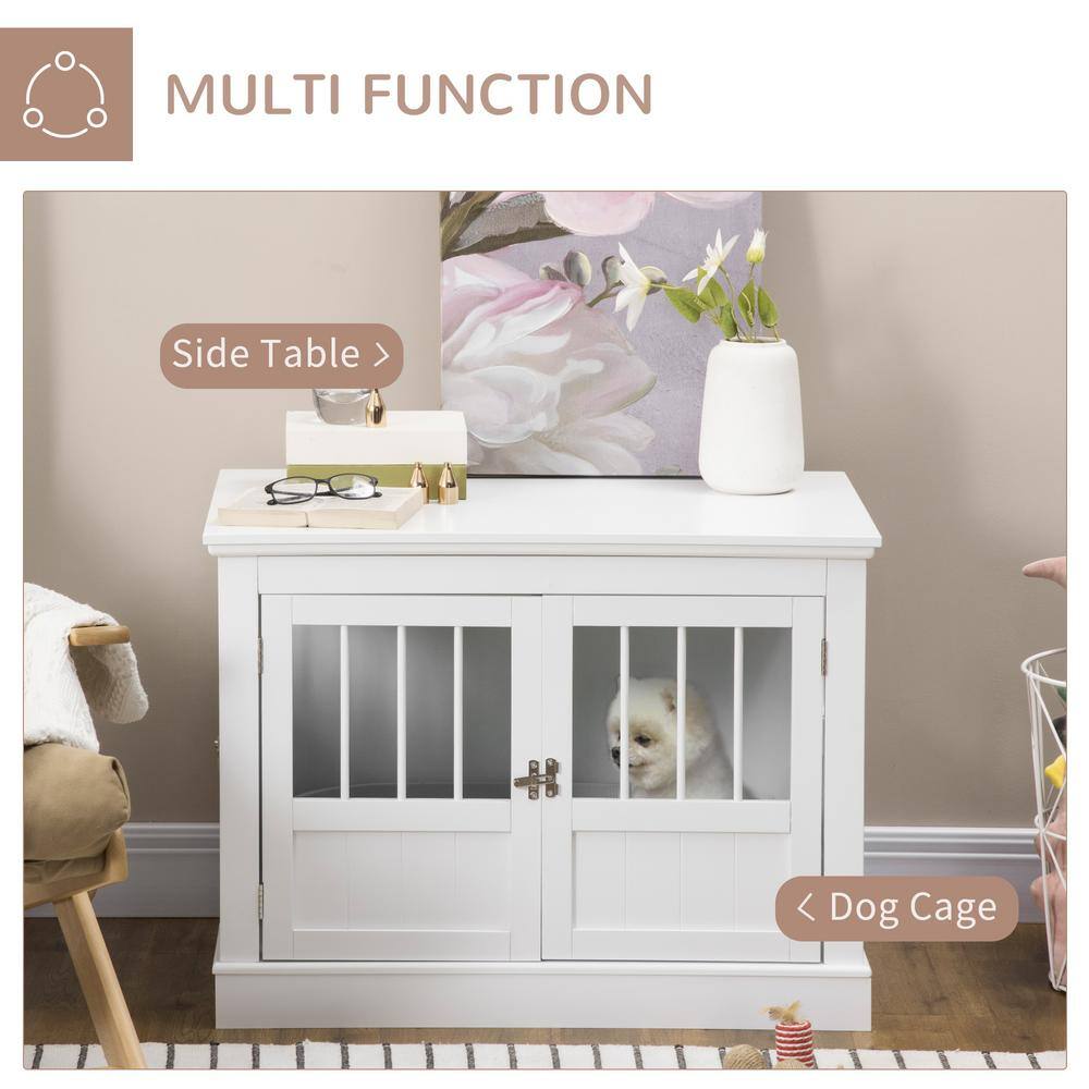 Small White Wooden Dog Crate End Table with Triple Doors