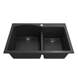 Campino Duo Metallic Black Granite Composite 33 in. 60/40 Double Bowl Drop-In/Undermount Kitchen Sink with Strainers