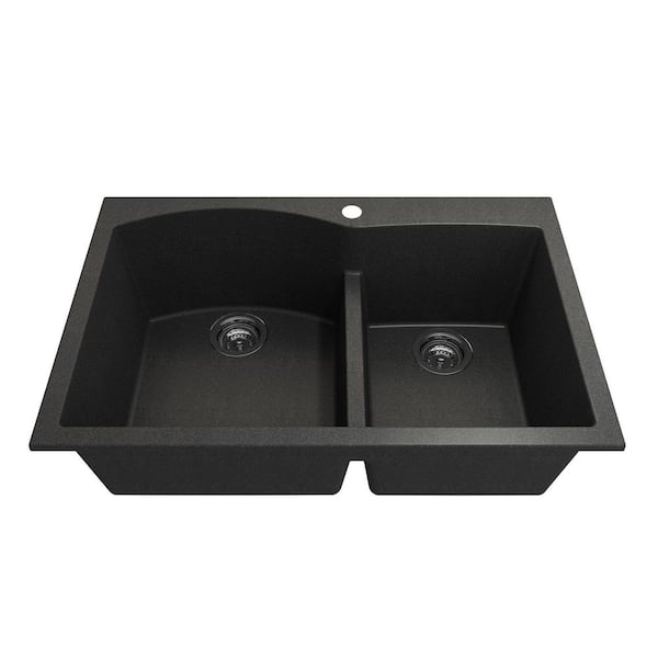 BOCCHI Campino Duo Metallic Black Granite Composite 33 in. 60/40 Double Bowl Drop-In/Undermount Kitchen Sink with Strainers