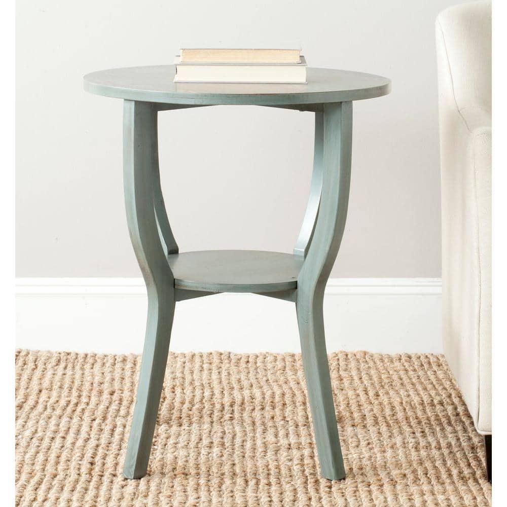 Barn Blue Round Wood Pedestal Accent Table with Shelf