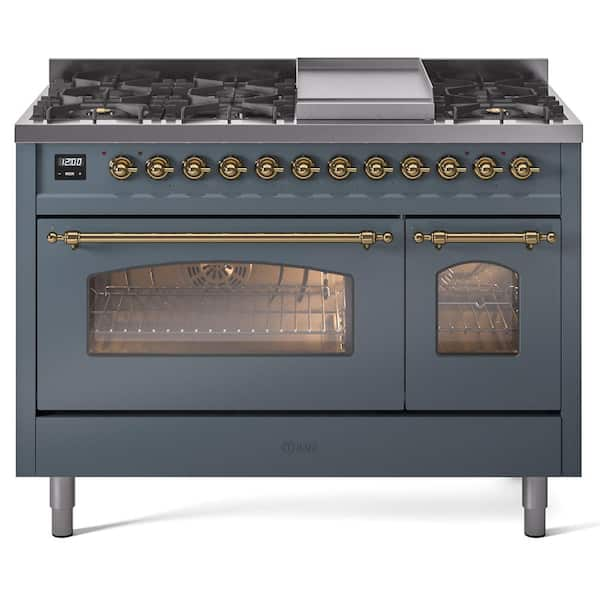 Nostalgie II 48 in. 8-Burner Plus Griddle Double Oven Natural Gas Dual Fuel Range in Blue Grey with Brass Trim