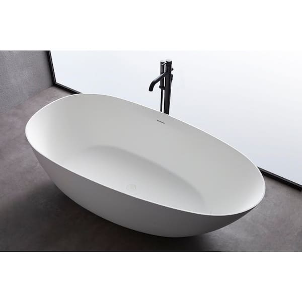 59 in. x 31 in. Solid Surface Soaking Bathtub with Center Drain in Matte White