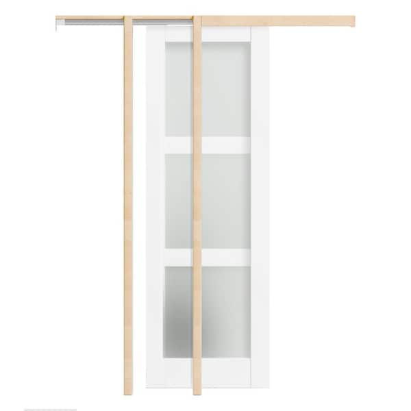 TENONER 48 in. x 80 in. 3 Lite, Frosted Glass, Solid Core, DIY Painted, White Primed, MDF Sliding Door with All Hardware