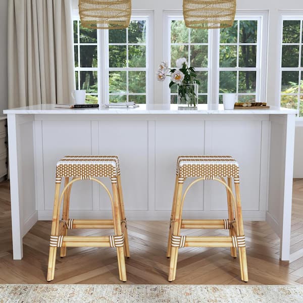 Robias 30 in. Tan and White Stripe Backless Rattan Bar Stool (Qty 1)