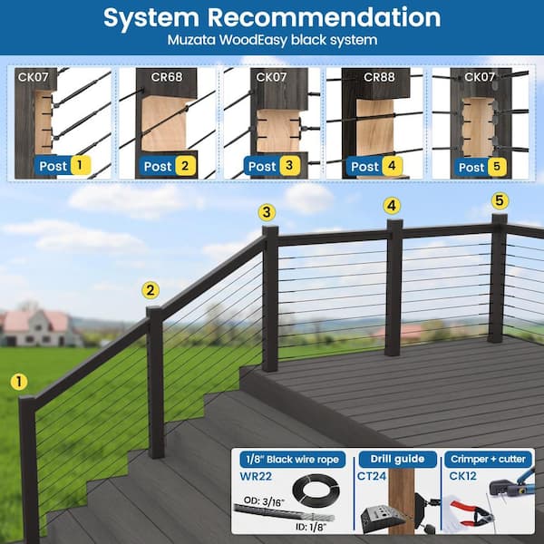 Angel Sar - 20-Pair Black Cable Railing Kit with 1/8 in. Swage Toggle Turnbuckles, T316 SS, WoodEasy System, 180° Adjustable