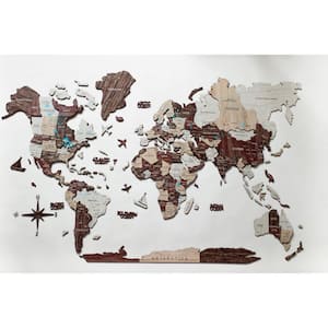 39 in. x 24 in. Brown, Beige Beige Wood World Map Hanging Dimensional Wall Art 1-Piece