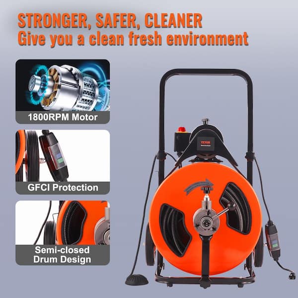 50' x 3/8 Drain Cleaner 250W Drain Cleaning Machine Sewer Clog w/ Cutters