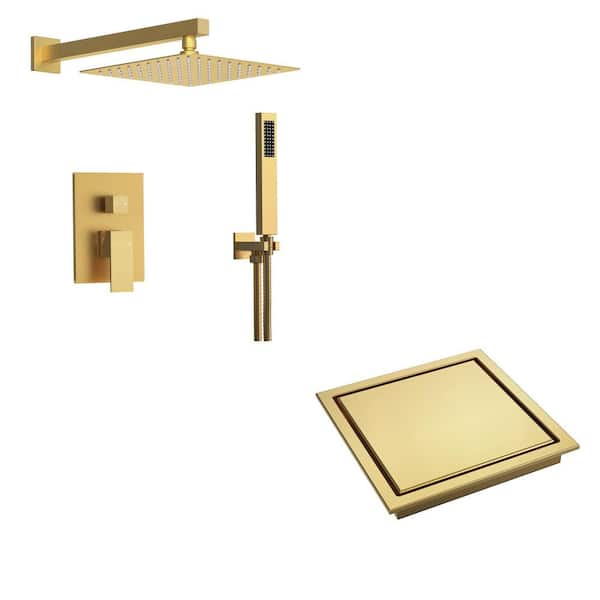 EVERSTEIN Single-Handle Rain 2-Spray Square 10 in. Shower Head Fixed and Handheld Shower Head in Brushed Gold with Shower Drain
