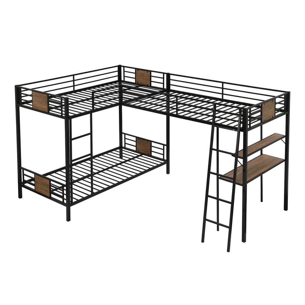 URTR Brown Metal Triple Bunk Bed with Desk and Shelf, L-Shape Twin Over ...