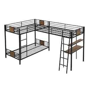 Brown Metal Triple Bunk Bed with Desk and Shelf, L-Shape Twin Over Twin Bunk Bed Attached Twin Size Loft Bed Frame