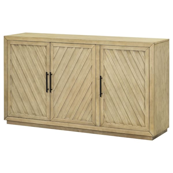 COWLOWN 60 in. W x 15.7 in. D x 34.3 in. H Natural Brown 3-Door Linen Cabinet Sideboard with Adjustable Shelve and Black Handles