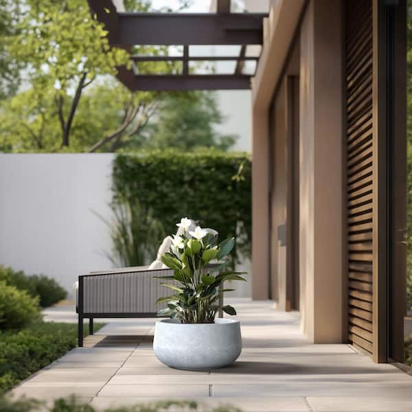 Sapcrete 15" D, Concrete Round Modern Flower Pots, Outdoor Planters with Drainage Hole for Home Office, Slate Gray