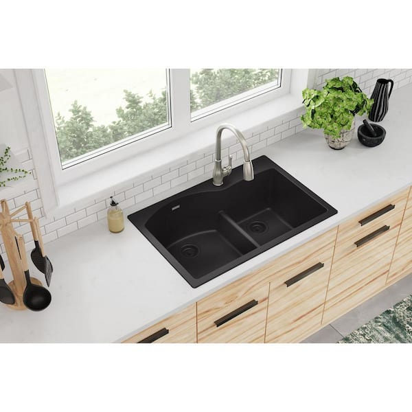 Quartz Classic 33 in. Drop-in Offset 60/40 Double Bowl Black Granite/Quartz Composite Kitchen Sink Only