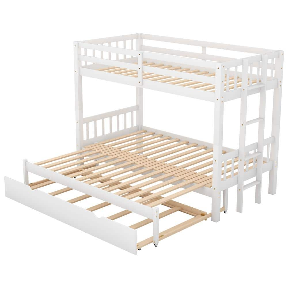 White Twin over Twin Pull-out Bunk Bed with Trundle, Solid Wood Convetible Kids Bunk Bed with Pull-Out Trundle -  ANBAZAR, 01095ANNA-K