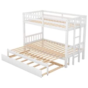 White Twin over Twin Pull-out Bunk Bed with Trundle, Solid Wood Convetible Kids Bunk Bed with Pull-Out Trundle