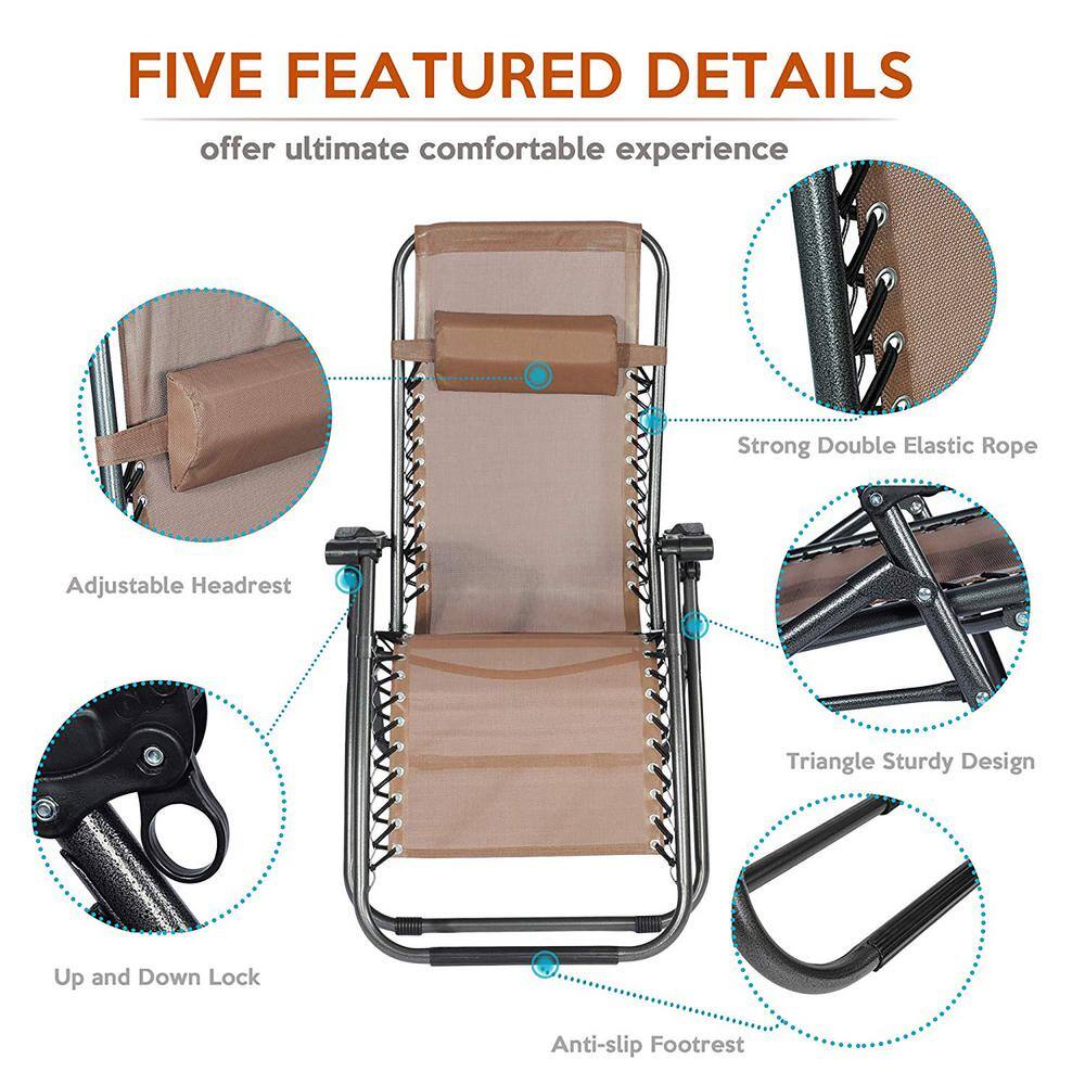 Brown and Black Stainless Steel Zero Gravity Outdoor Chaise Lounge with Cushions