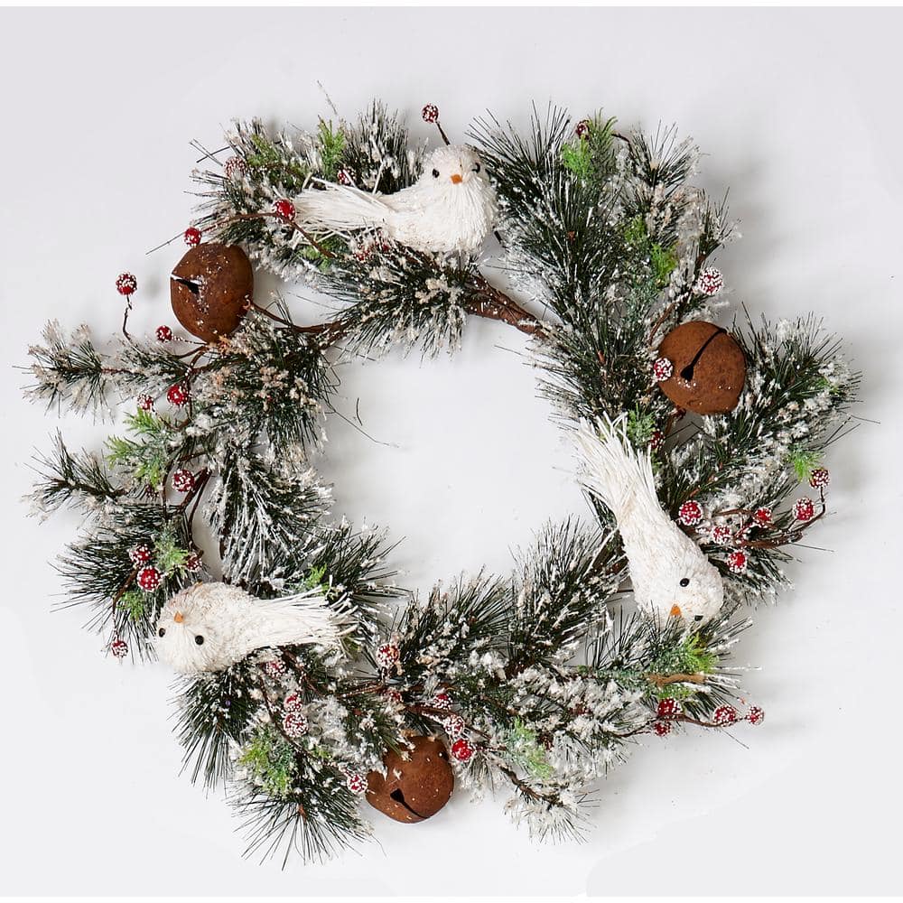 22 in. Artificial Iced Pine Needle Wreath with Dove Bell and Berries