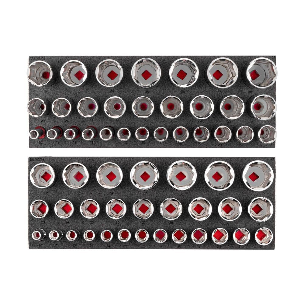 Tekton 1/2 in. Drive Shallow and Deep 6-Point Socket Set with 16 x 6 in. Foam Organizers, 58-Piece (10 - 38 mm)