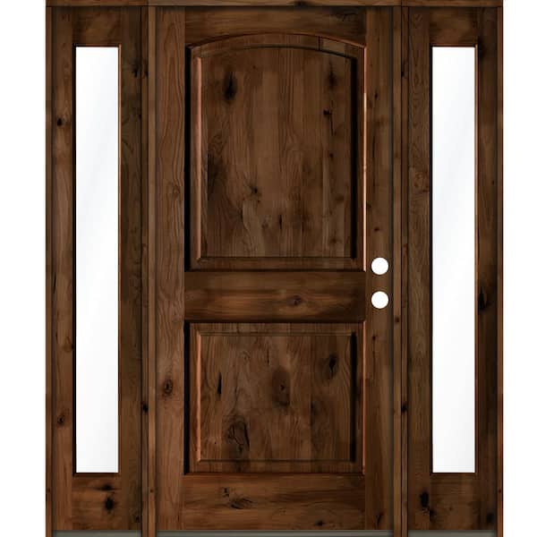 Krosswood Doors 70 in. x 80 in. Rustic Knotty Alder Arch Provincial Stained Wood Left Hand Single Prehung Front Door