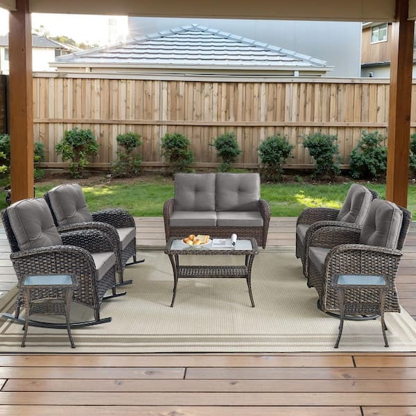 Brown 8-Piece Wicker Patio Conversation Set with Swivel Rockers, Outdoor Glider Seating Set with Gray Cushions