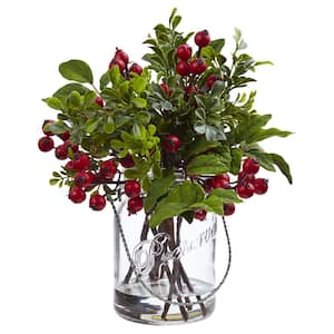 11 in. Artificial Berry Boxwood Arrangement in Glass Jar