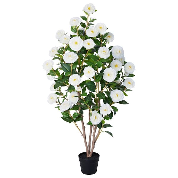 4 ft. Artificial Camellia Flowers with White Faux Flowers Indoor Outdoor for Home Decor Garden