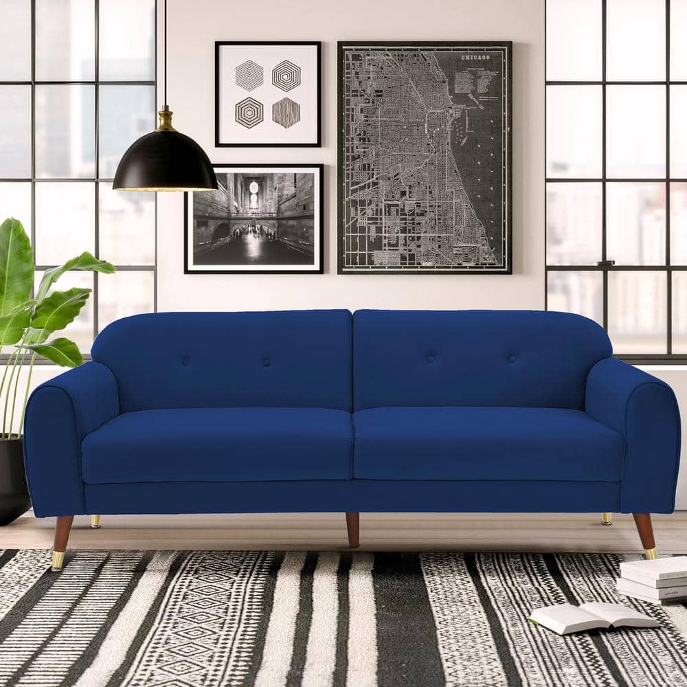 Seafuloy 75.5 in. Navy Blue Velvet Wood Leg Loveseat Sofa CW22336505
