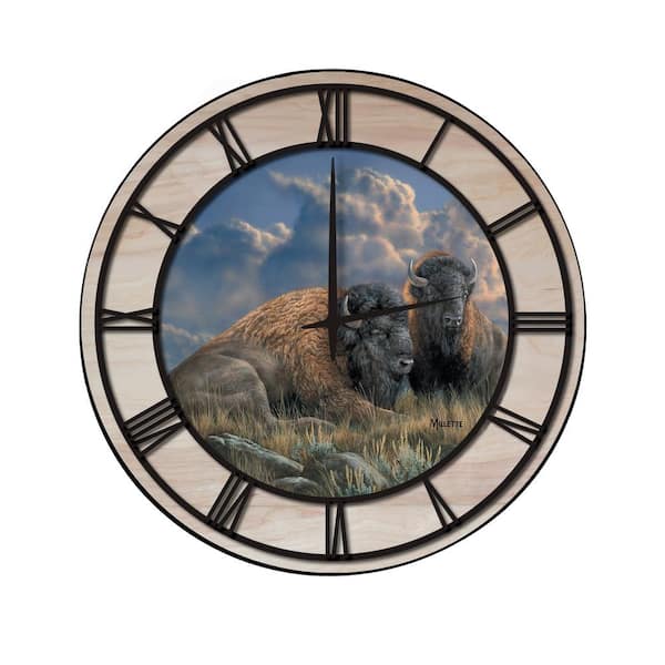 Unbranded "Distant Thunder Bison" Woodgrain Accent and Black Numbers Imaged Wall Clock