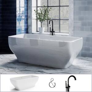 Oxford 67 in. Rectangle Flatbottom Freestanding Bathtub in White, Floor-Mount Single Post Faucet in Matte Black