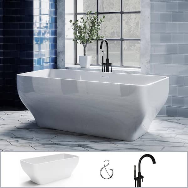 PELHAM & WHITE Oxford 67 in. Acrylic Curvy Rectangle Freestanding Bathtub in White, Floor-Mount Single-Post Faucet in Matte Black