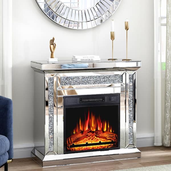 THKSHOUZ 29.9 in. W x 31.5 in. H Irregular Frameless Mirror Fireplace with Silver Mirrored Mantel with Crushed Diamonds