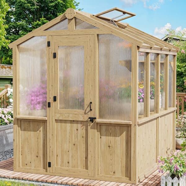 6.8 ft. x 7.8 ft. Wood Garden Greenhouse with Double-Wall Polycarbonate and Roof Vent