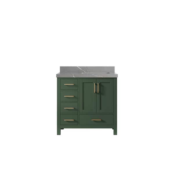 Willow Collections Malibu 36 in. W x 22 in. D x 36 in. H Right Offset Sink Bath Vanity in Lafayette Green with 2 in. Piatra Quartz Top