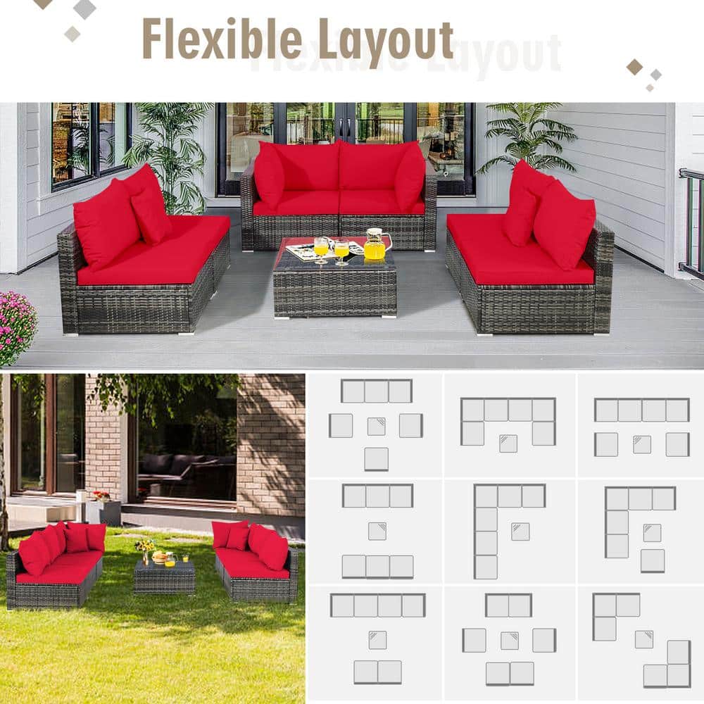 Red 7-Piece Outdoor Wicker Sectional Sofa Set with Cushions