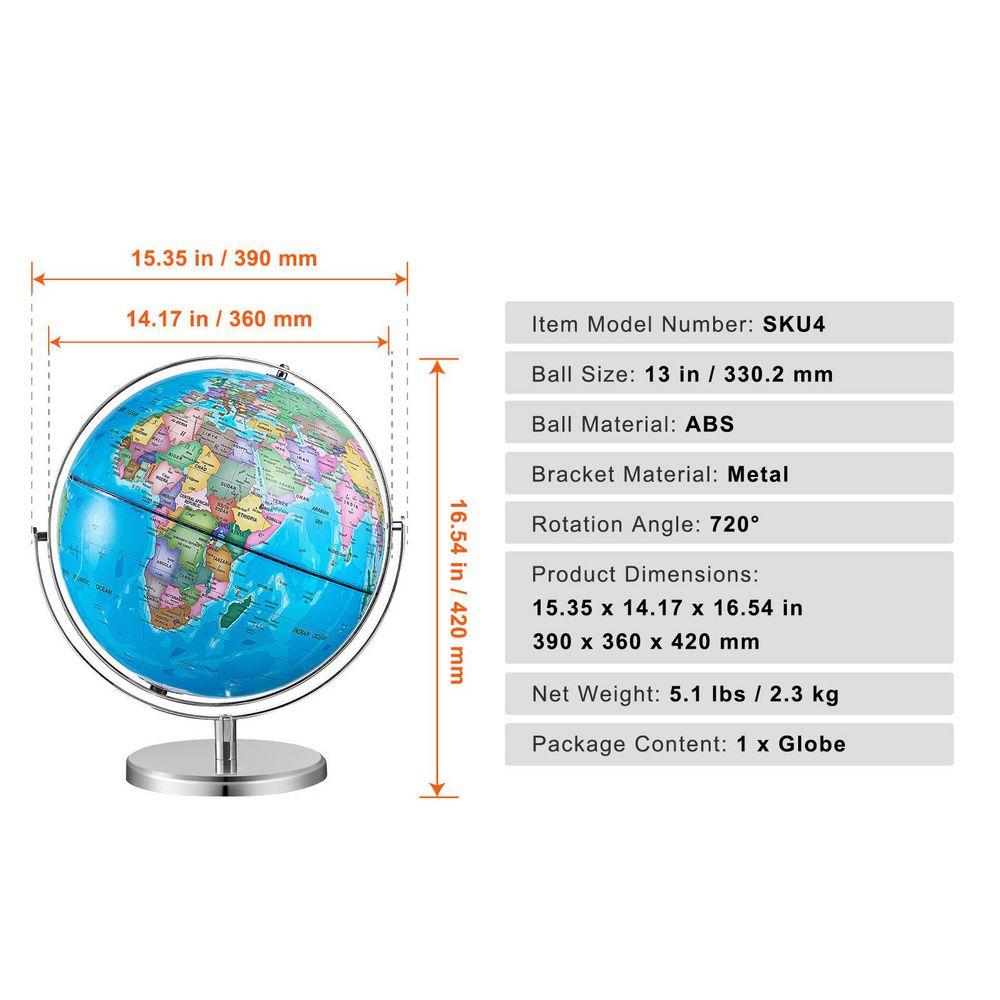 SKYSHALO Rotating World Globe, 16.54 in. x 13 in. 330.2 mm, with