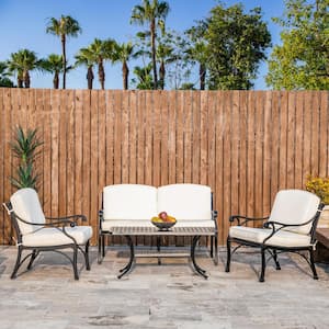 4-Piece Cast Aluminium Patio Sectional Conversation Sofa Set with Beige Olefin Cushions