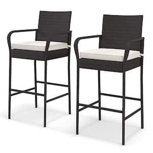 2-Pieces Patio PE Wicker Outdoor Bar Stools Bar Chairs Counter Height with Armrests and White Cushions Brown