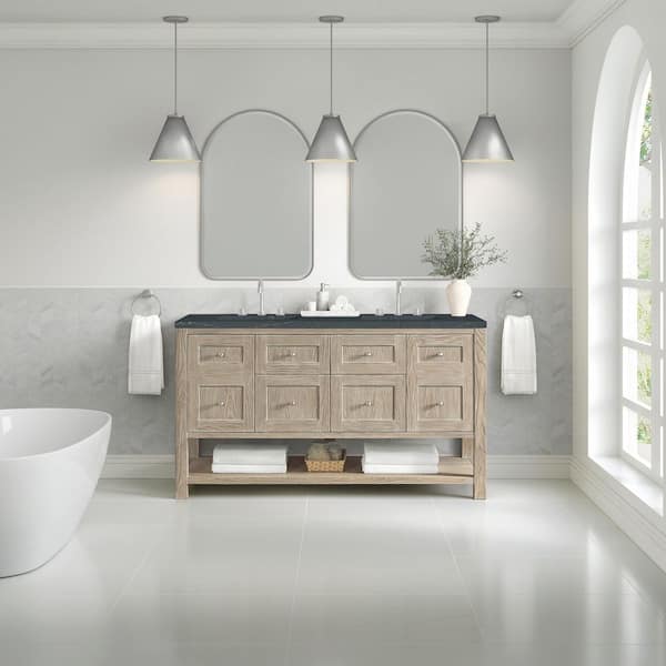 James Martin Vanities Breckenridge 60.0 in. W x 23.5 in. D x 34.25 in. H Double Bath Vanity in Whitewashed Oak with Quartz Charcoal Top