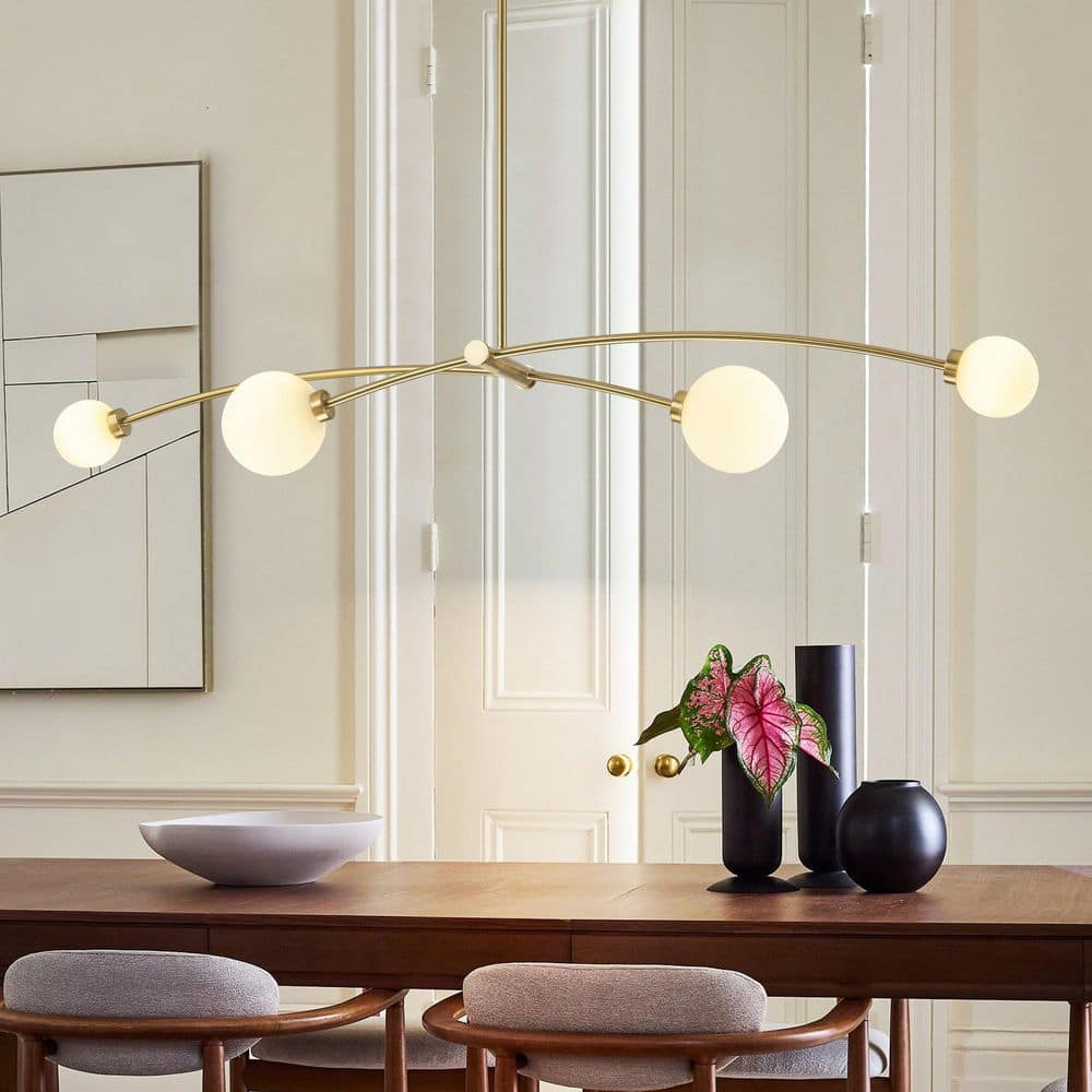 Cavitt 4-Light Brushed Brass Modern Sputnik Linear Long Strip Globe Pendant Island Light with Frosted Opal Glass Shade price history on PriceWatchPro