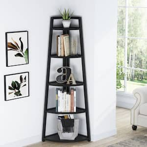 Jannelly 70 in. Tall Black Wood 5-Shelf Corner Ladder Bookcase with Open Shelves, Storage for Home Office