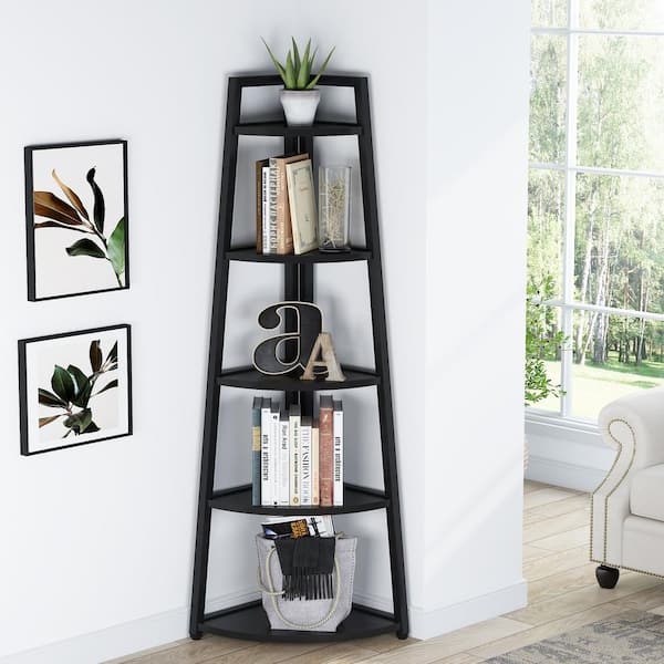 Jannelly 70 in. Tall Black Wood 5-Shelf Corner Ladder Bookcase with Open Shelves, Storage for Home Office