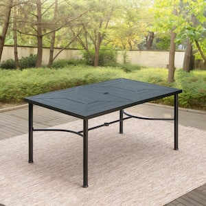 64 in. x 39 in. Black Rectangular Metal Outdoor Dining Table with 1.75 in. Umbrella Hole