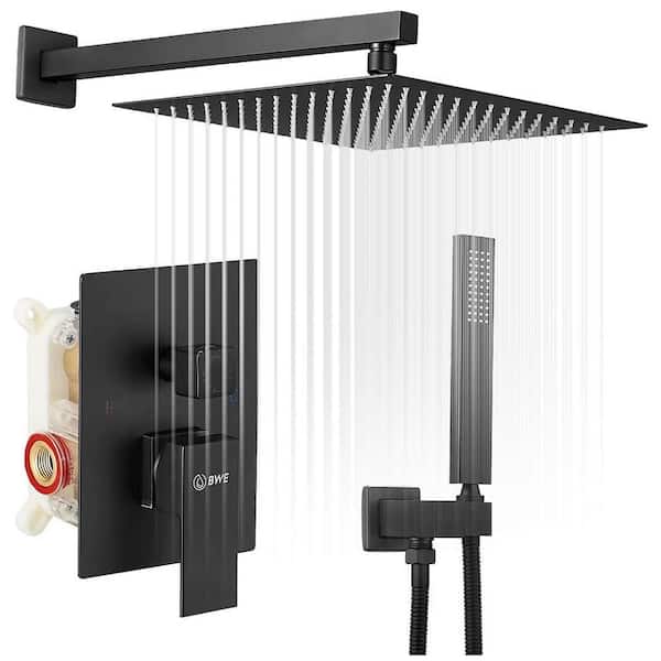 FLG Single-Handle Square Wall Mount Shower Faucet with Hand Shower and 10 in. Shower Head in Matte Black (Valve Included)