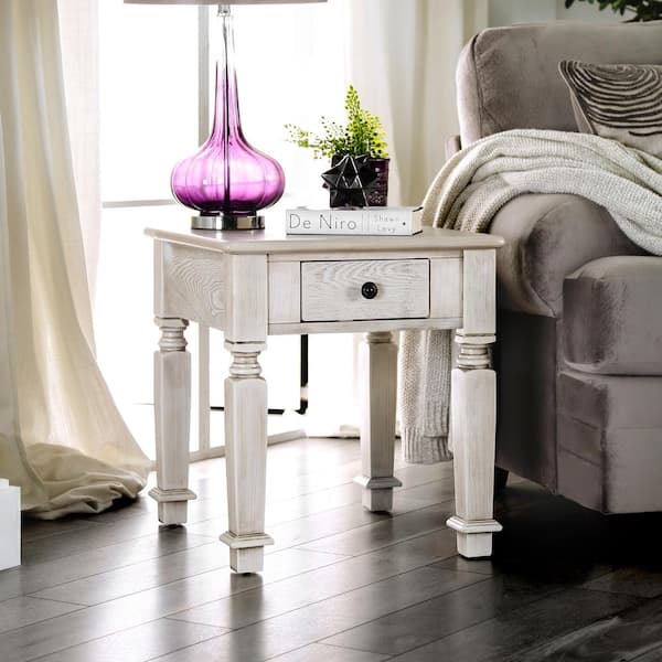 Furniture of America Mowgli 24 in. Antique White Rectangle MDF End Table with Drawer