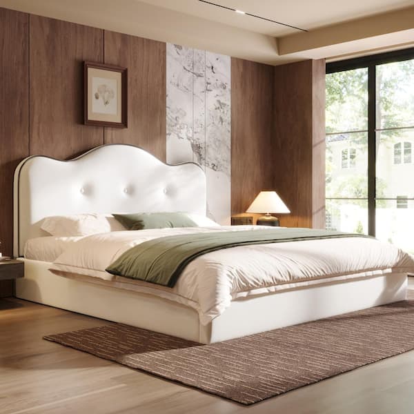 Beige Wood Frame Queen Size Upholstered Platform Bed